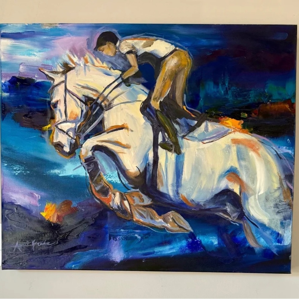Original oil painting• hunter jumper• Eventing• equestrian• grey gray horse